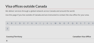 Screenshot showing list of Canada visa offices outside Canada